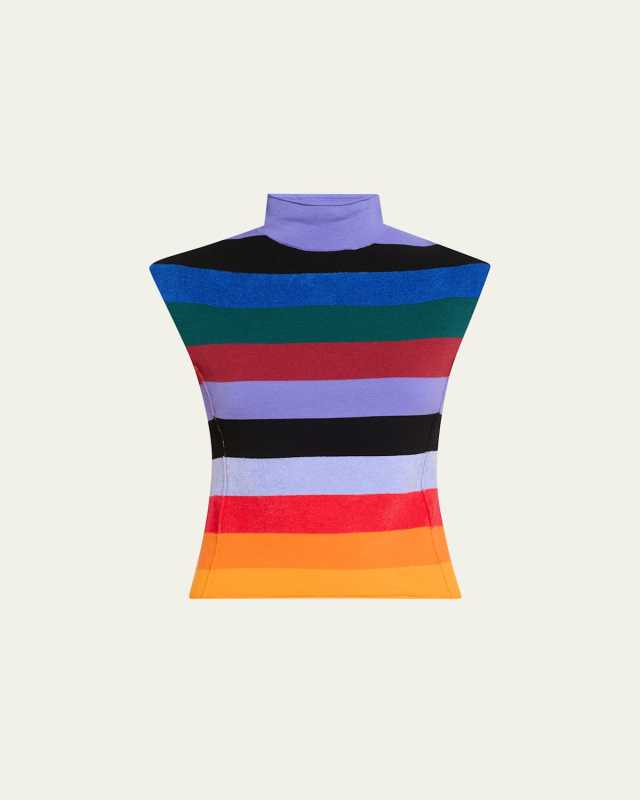 Sleeveless Rainbow Striped Mock Neck Wool Top